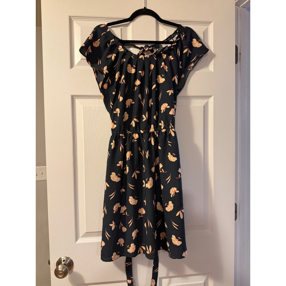 LC Lauren Conrad Floral Fit and Flare Dress Navy Blue Short Sleeve Mini Large